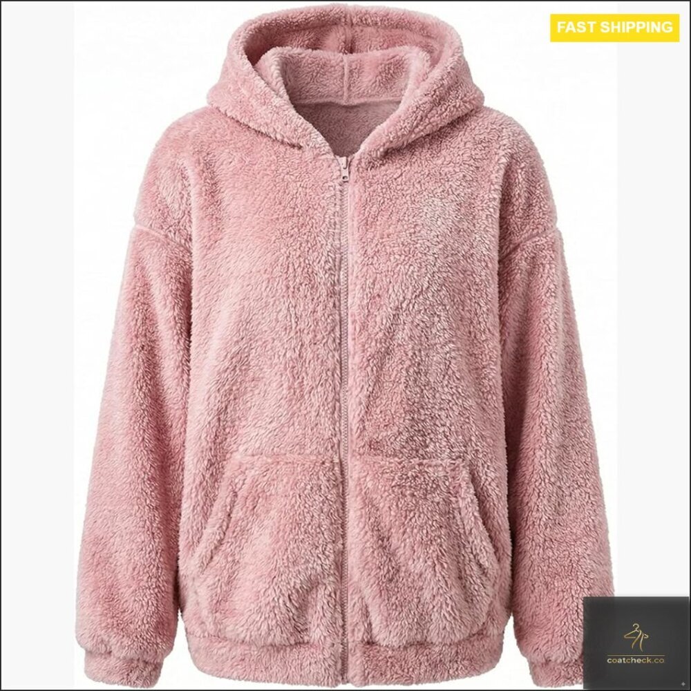 Sherpa Fleece Hoodie Zip Up Cozy Winter Sweatshirt Oversized Fit Pockets